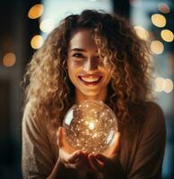 Happy woman holding a sparkling christmas ball in her hands photo