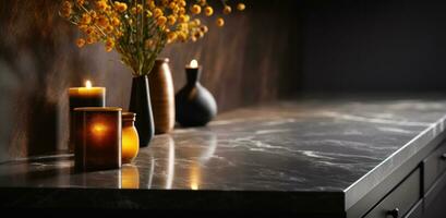 Marble countertop with lamp in dark hallway photo