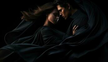 A couple are dressed in expensive designer gowns, in the style of dark tonality photo