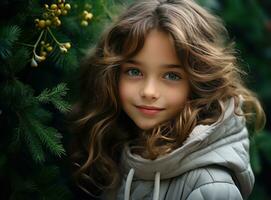 linda niña con Navidad árbol foto