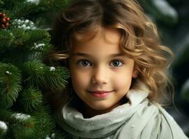 linda niña con Navidad árbol foto