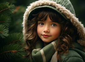 linda niña con Navidad árbol foto