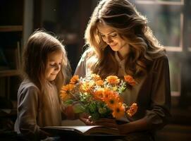 Girl giving flowers to her teacher photo