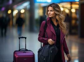 mujer de negocios que lleva equipaje caminando alrededor con móvil teléfono en el aeropuerto foto