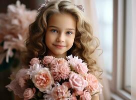 hermosa niña con flores rosas foto