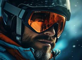 A skier wearing ski goggles and a ski helmet photo