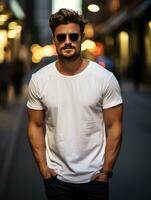 Model man in white t-shirt mockup photo