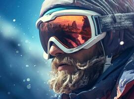 A skier wearing ski goggles and a ski helmet photo