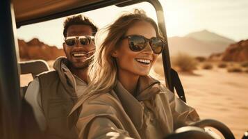 A young couple rides in a buggy through the desert in the UAE photo