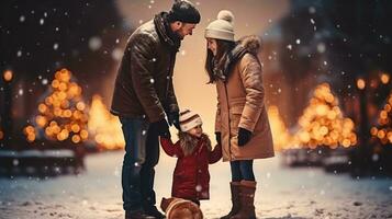 Happy Family making a snowman on the square with a Christmas tree photo