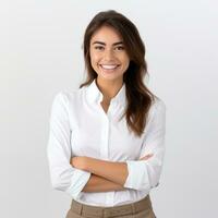 Cheerful brunette business woman isolated photo