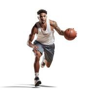 atlético afroamericano masculino baloncesto jugador en movimiento foto