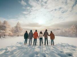 Friendship group walking together with arms up on snowy mountain rock photo