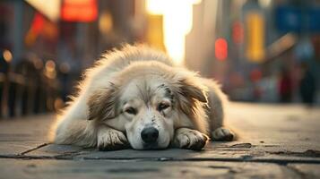 triste perro mentira en el calle foto