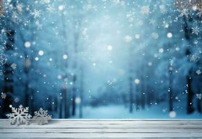 Wooden wood board and snow background photo