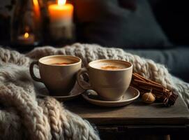 Cozy winter background with cup od coffee photo