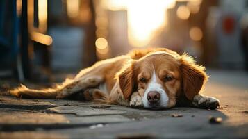 Sad dog lie on the street photo