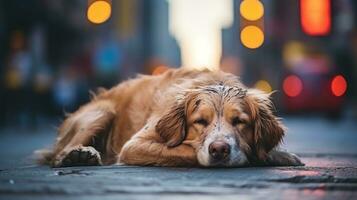 triste perro mentira en el calle foto