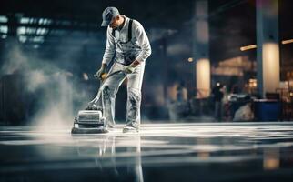 A man is laying cement on a floor photo