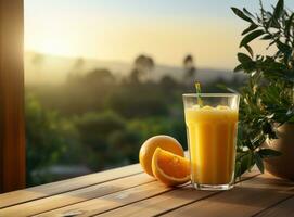 A refreshing drink out of the bottle on a wooden railing photo