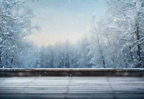 Wooden wood board and snow background photo
