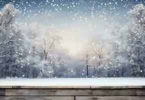 Wooden wood board and snow background photo