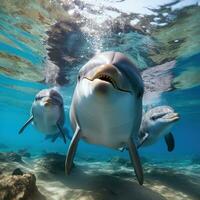 Dolphing swimming in blue ocean photo