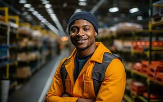 trabajador en almacén contento empleado foto