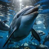 Dolphing swimming in blue ocean photo