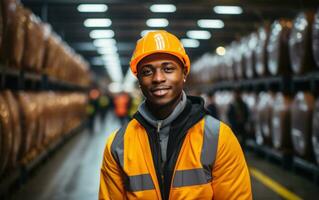 Worker in warehouse happy employee photo