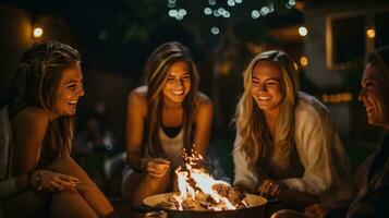 Friends roasting marshmallows by fire pit photo