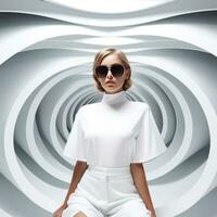 Minimalist fashion background with girl in white wear photo