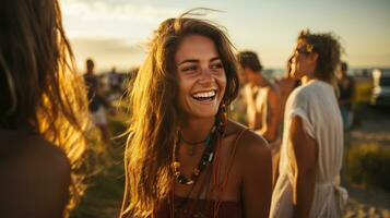 Joyful friends having fun at beach party photo