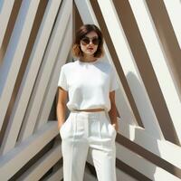 Minimalist fashion background with girl in white wear photo