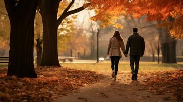 Couple walking in park with fall foliage photo