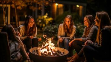 Friends roasting marshmallows by fire pit photo