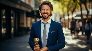 Success Businessman holding trophy with beaming smile photo