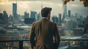 Thoughtful man looking out at city skyline photo