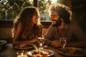 Laughing couple enjoying romantic dinner date photo