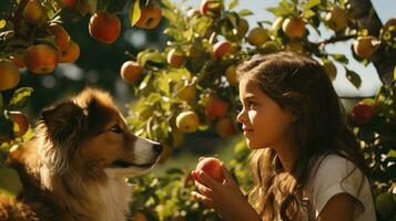 niña cosecha manzanas en huerta con perro foto