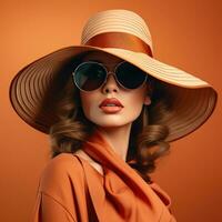 Fashionable woman in oversized hat and sunglasses photo