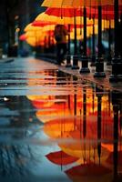 Rainy weather, colorful umbrellas, puddles, reflections photo