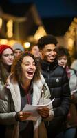 Cheerful group caroling in the neighborhood photo