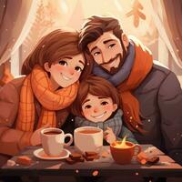 contento familia Bebiendo caliente chocolate en invierno foto