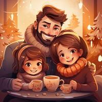 contento familia Bebiendo caliente chocolate en invierno foto