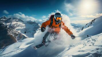 Man skiing down snowy mountain photo