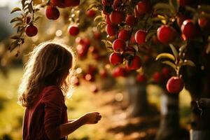 Girl picking apples in orchard with dog photo