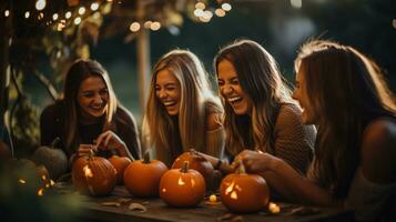 Friends laughing while carving pumpkins photo