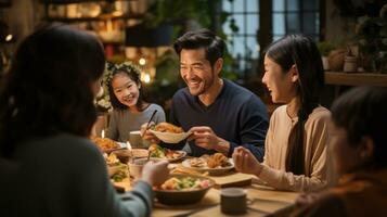 familia reunido alrededor un mesa, sonriente foto