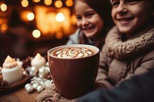 Happy family drinking hot chocolate in winter photo